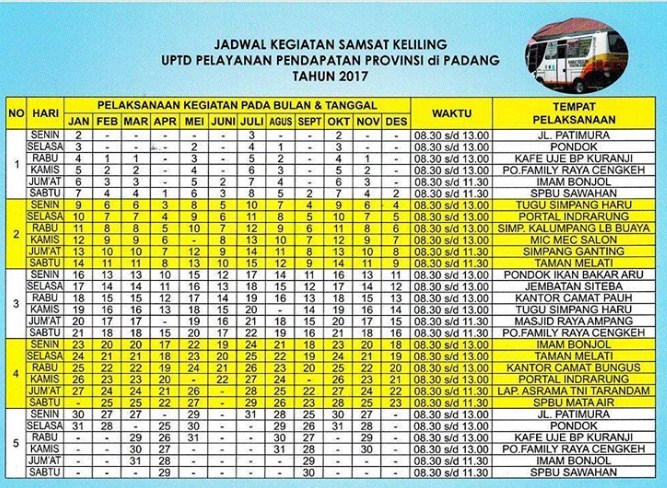 Jadwal Kegiatan SAMSAT Keliling UPTD Pelayanan Provinsi Padang Tahun lalu