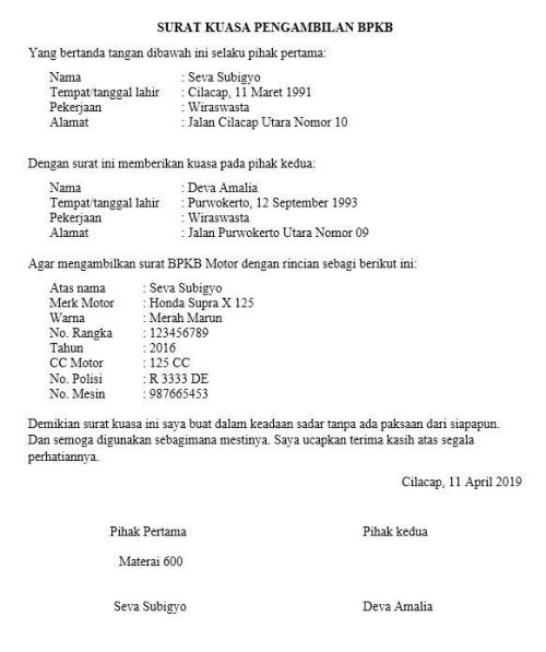 Contoh Surat Kuasa Pengambilan BPKB Motor