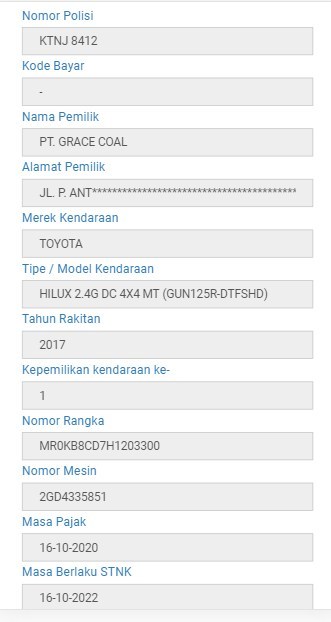 laporan hasil atas pencarian nama dari pemilik mobil