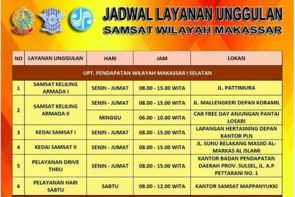 Jadwal Layanan Unggulan SAMSAT Wilayah Makassar