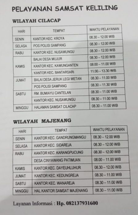 Jadwal Pelayanan SAMSAT Online Wilayah Cilacap