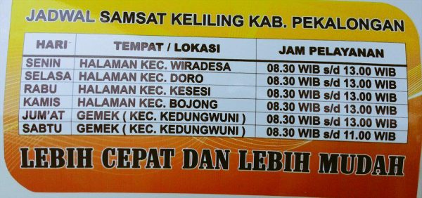 Jadwal SAMSAT Keliling Kab Pekalongan