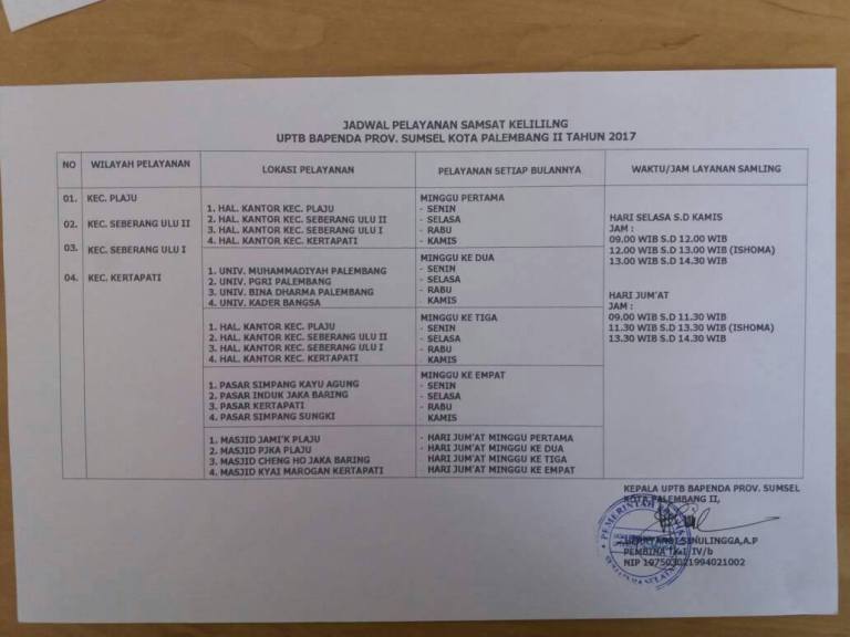 Jadwal SAMSAT Keliling Kota Palembang April 2024