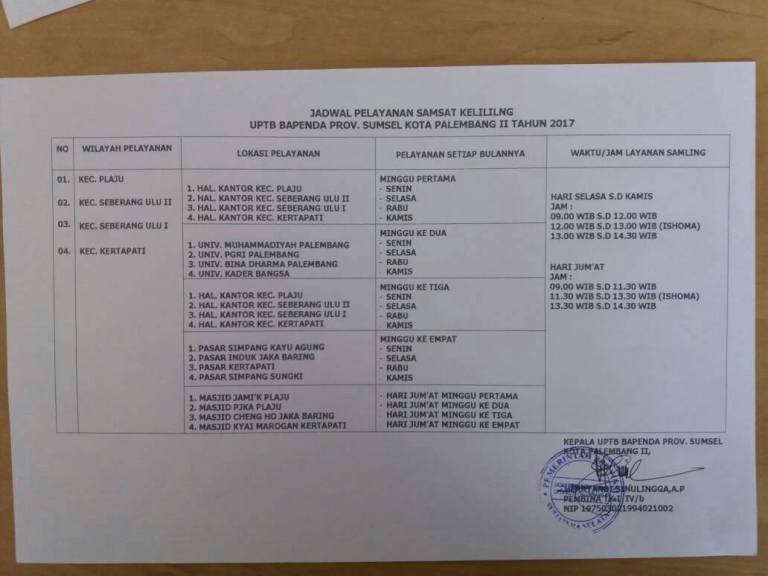 Jadwal SAMSAT Keliling Kota Palembang 2025